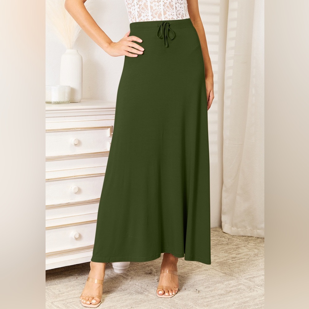 NEW Double Take PLUS + REG Size Flared Tie Waist Ultra Soft Maxi Skirt in Green